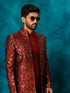 Vastramay Men's Red Jacquard Indo Western With Maroon Viscose Kurta Pant Set